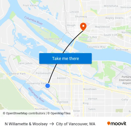 N Willamette & Woolsey to City of Vancouver, WA map