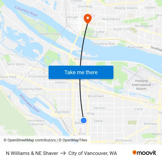 N Williams & NE Shaver to City of Vancouver, WA map