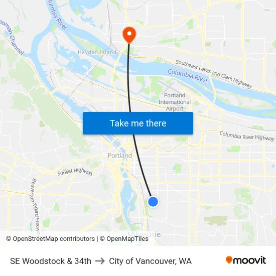 SE Woodstock & 34th to City of Vancouver, WA map
