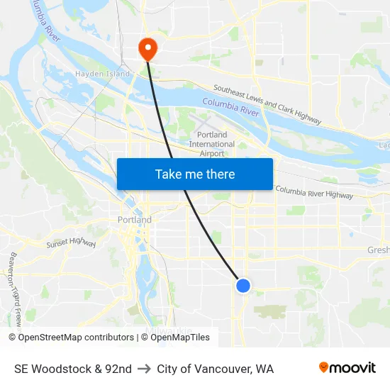 SE Woodstock & 92nd to City of Vancouver, WA map