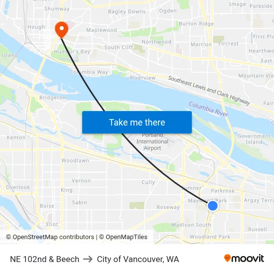 NE 102nd & Beech to City of Vancouver, WA map