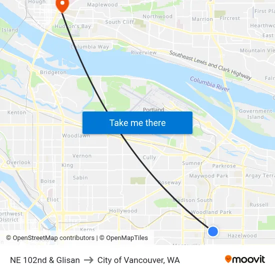 NE 102nd & Glisan to City of Vancouver, WA map