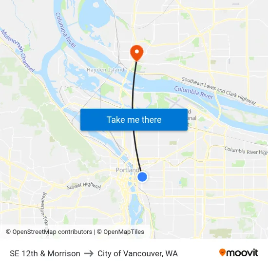 SE 12th & Morrison to City of Vancouver, WA map