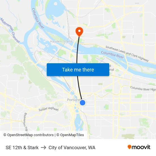 SE 12th & Stark to City of Vancouver, WA map