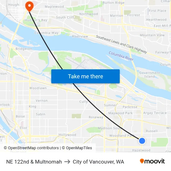 NE 122nd & Multnomah to City of Vancouver, WA map