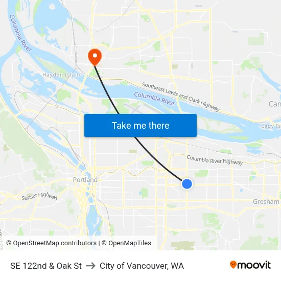SE 122nd & Oak St to City of Vancouver, WA map