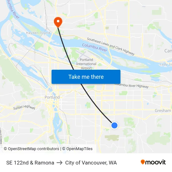 SE 122nd & Ramona to City of Vancouver, WA map