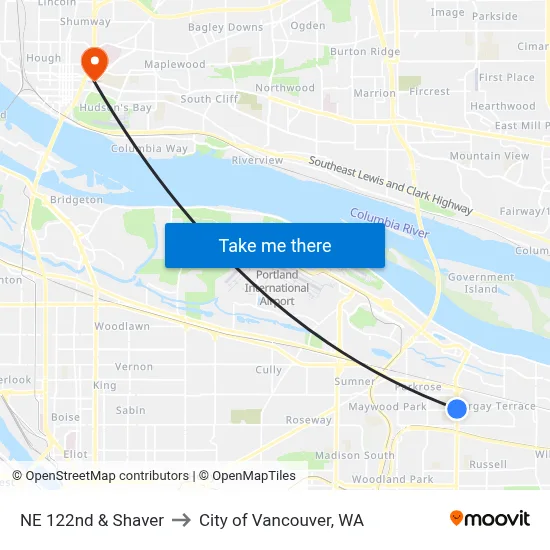 NE 122nd & Shaver to City of Vancouver, WA map