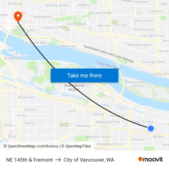 NE 145th & Fremont to City of Vancouver, WA map