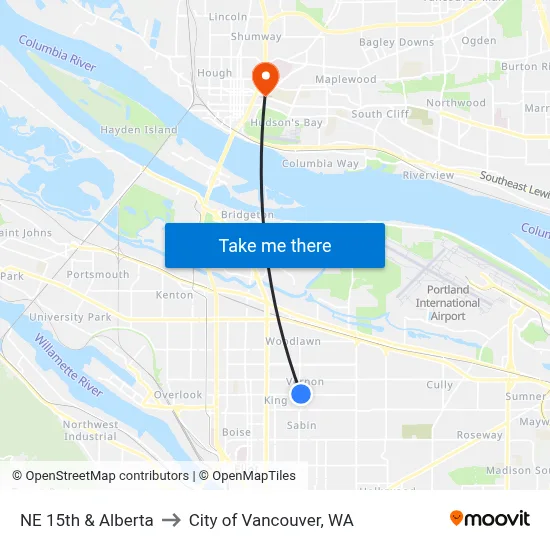 NE 15th & Alberta to City of Vancouver, WA map