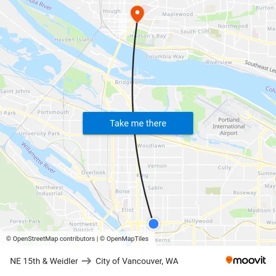 NE 15th & Weidler to City of Vancouver, WA map