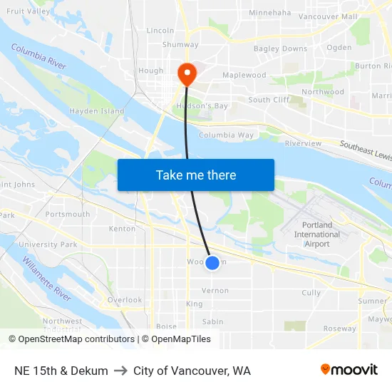 NE 15th & Dekum to City of Vancouver, WA map