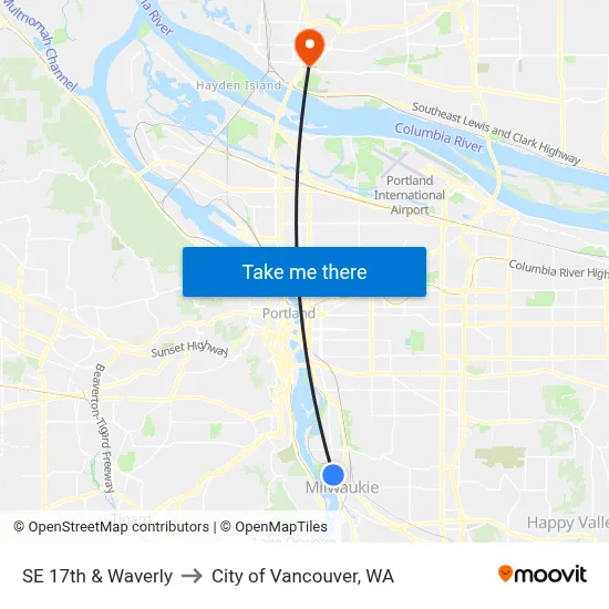 SE 17th & Waverly to City of Vancouver, WA map