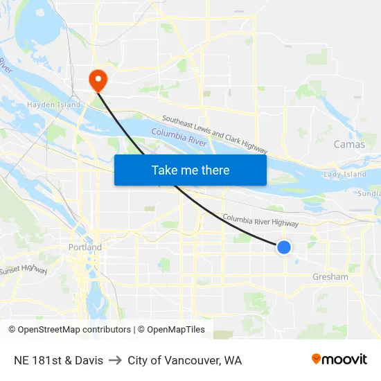 NE 181st & Davis to City of Vancouver, WA map
