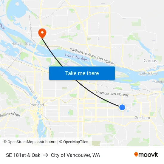 SE 181st & Oak to City of Vancouver, WA map