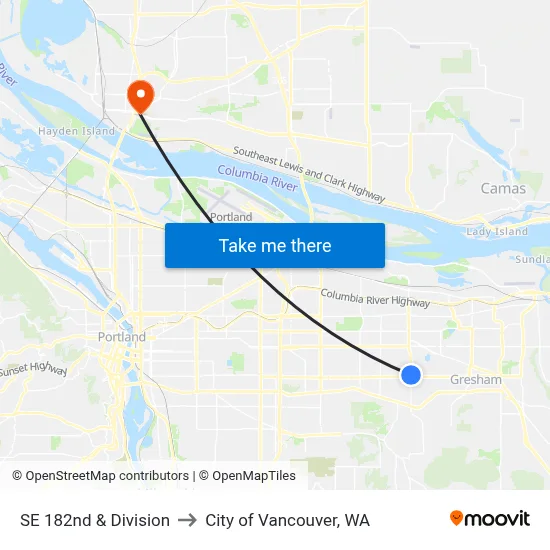 SE 182nd & Division to City of Vancouver, WA map