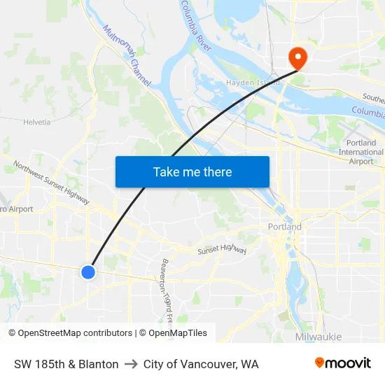 SW 185th & Blanton to City of Vancouver, WA map