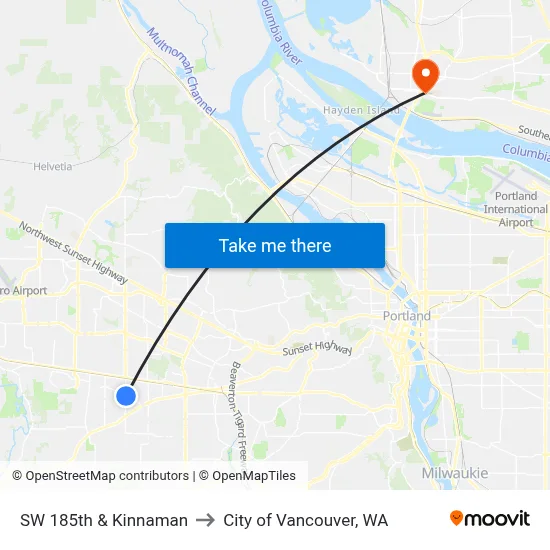 SW 185th & Kinnaman to City of Vancouver, WA map