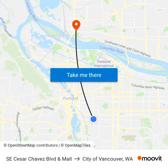 SE Cesar Chavez Blvd & Mall to City of Vancouver, WA map