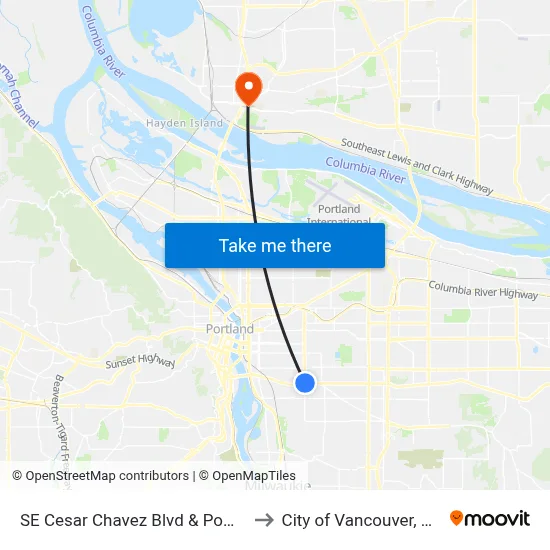 SE Cesar Chavez Blvd & Powell to City of Vancouver, WA map
