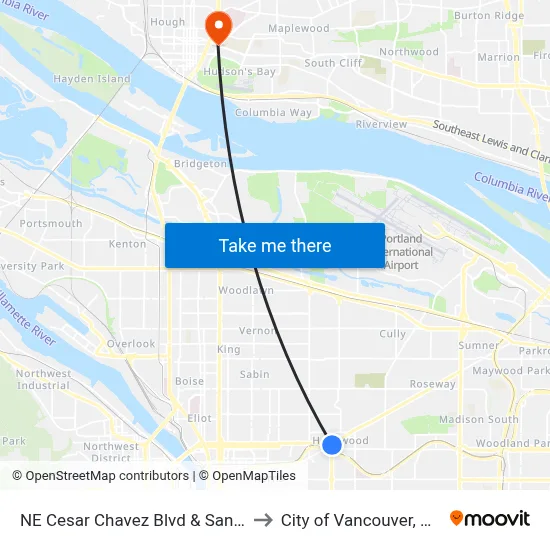 NE Cesar Chavez Blvd & Sandy to City of Vancouver, WA map