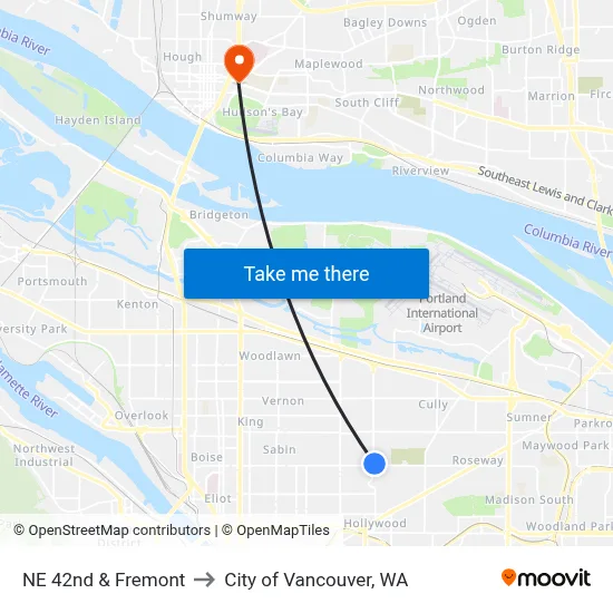 NE 42nd & Fremont to City of Vancouver, WA map