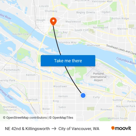 NE 42nd & Killingsworth to City of Vancouver, WA map