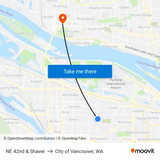 NE 42nd & Shaver to City of Vancouver, WA map