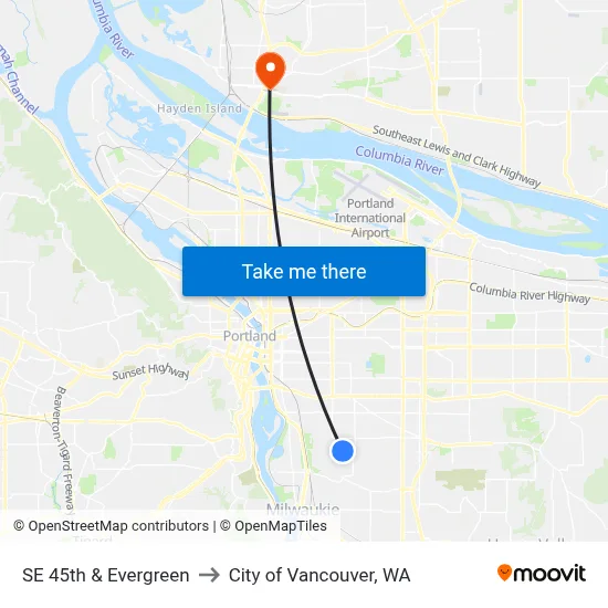 SE 45th & Evergreen to City of Vancouver, WA map