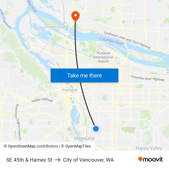 SE 45th & Harney St to City of Vancouver, WA map