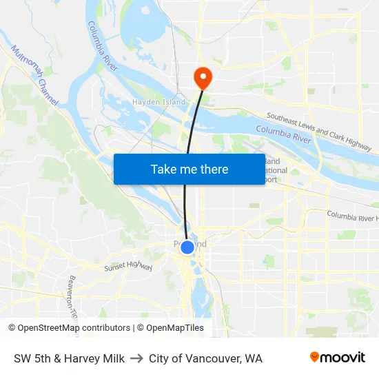 SW 5th & Harvey Milk to City of Vancouver, WA map