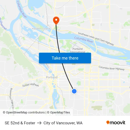 SE 52nd & Foster to City of Vancouver, WA map