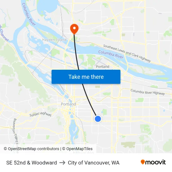 SE 52nd & Woodward to City of Vancouver, WA map