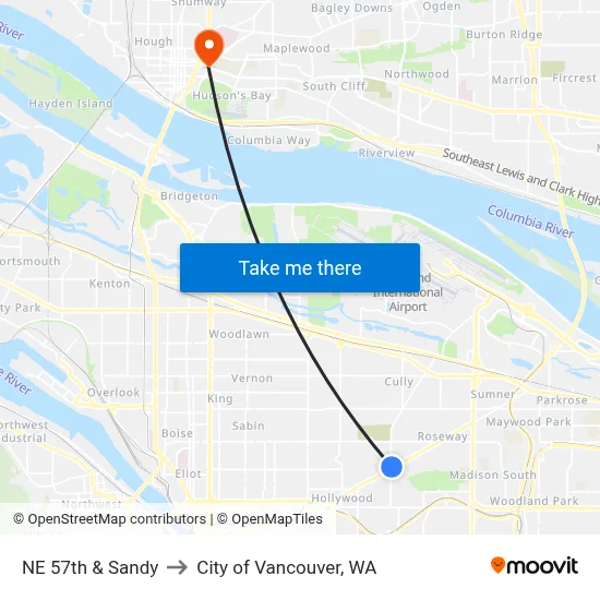 NE 57th & Sandy to City of Vancouver, WA map