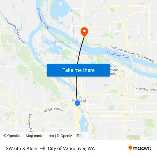 SW 6th & Alder to City of Vancouver, WA map