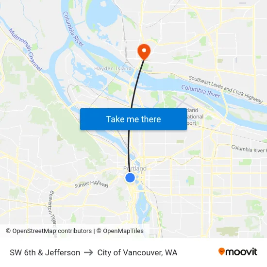 SW 6th & Jefferson to City of Vancouver, WA map