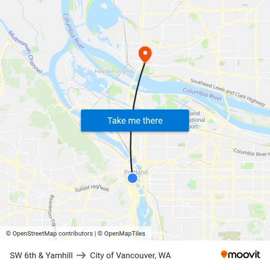 SW 6th & Yamhill to City of Vancouver, WA map