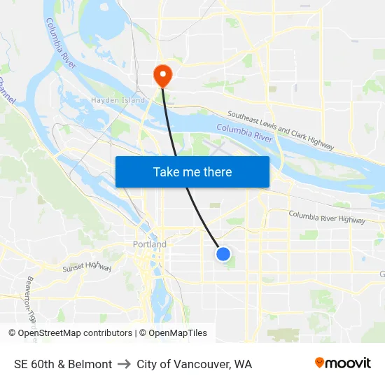 SE 60th & Belmont to City of Vancouver, WA map