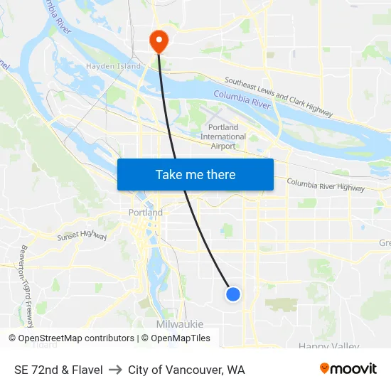 SE 72nd & Flavel to City of Vancouver, WA map