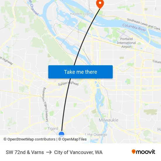 SW 72nd & Varns to City of Vancouver, WA map