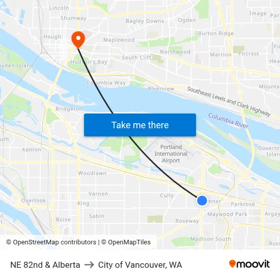 NE 82nd & Alberta to City of Vancouver, WA map