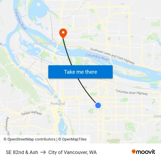 SE 82nd & Ash to City of Vancouver, WA map