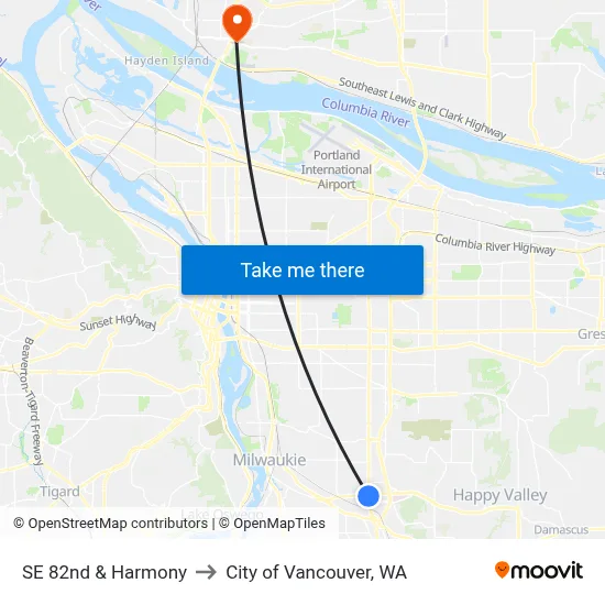 SE 82nd & Harmony to City of Vancouver, WA map