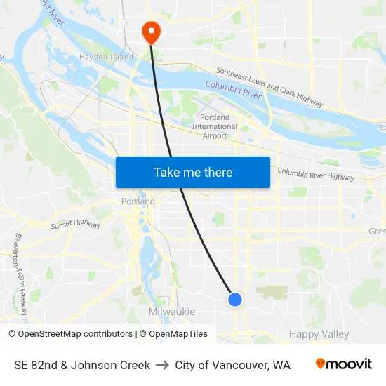 SE 82nd & Johnson Creek to City of Vancouver, WA map