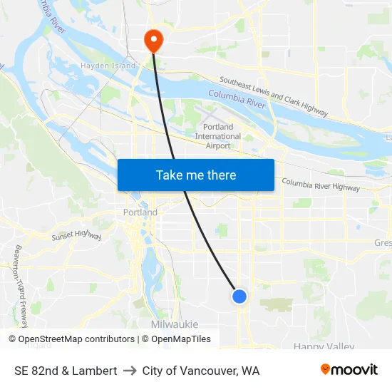 SE 82nd & Lambert to City of Vancouver, WA map