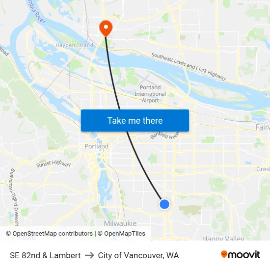 SE 82nd & Lambert to City of Vancouver, WA map
