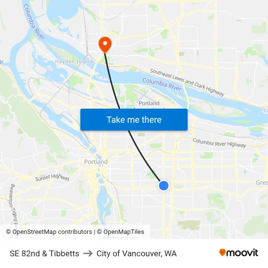 SE 82nd & Tibbetts to City of Vancouver, WA map