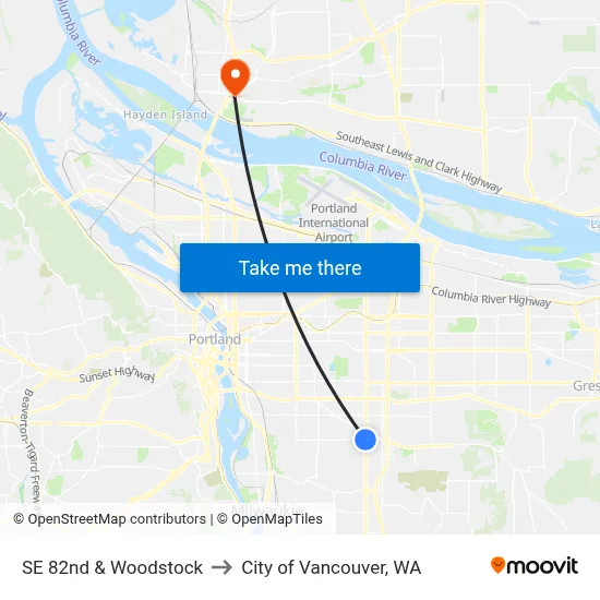SE 82nd & Woodstock to City of Vancouver, WA map