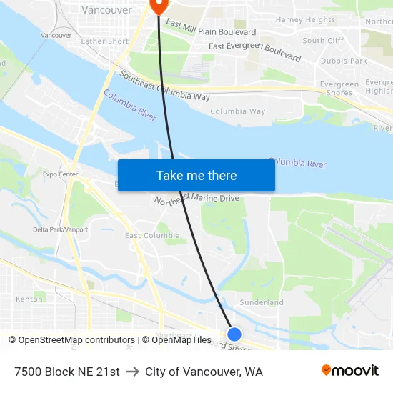 7500 Block NE 21st to City of Vancouver, WA map