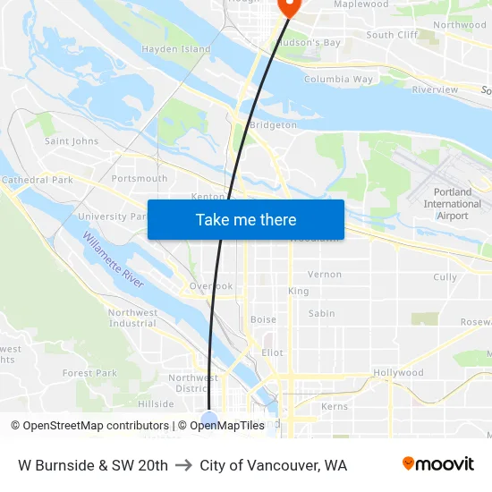 W Burnside & SW 20th to City of Vancouver, WA map